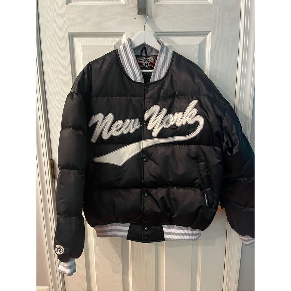 Regal Collection New York Black Satin Down Puffer Varsity Jacket sz L NWOT